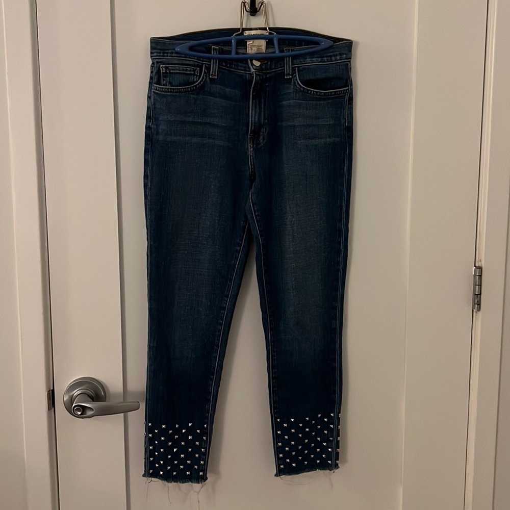 L’AGENCE Jeans Studded Frayed Raw Hem Straight Jeans